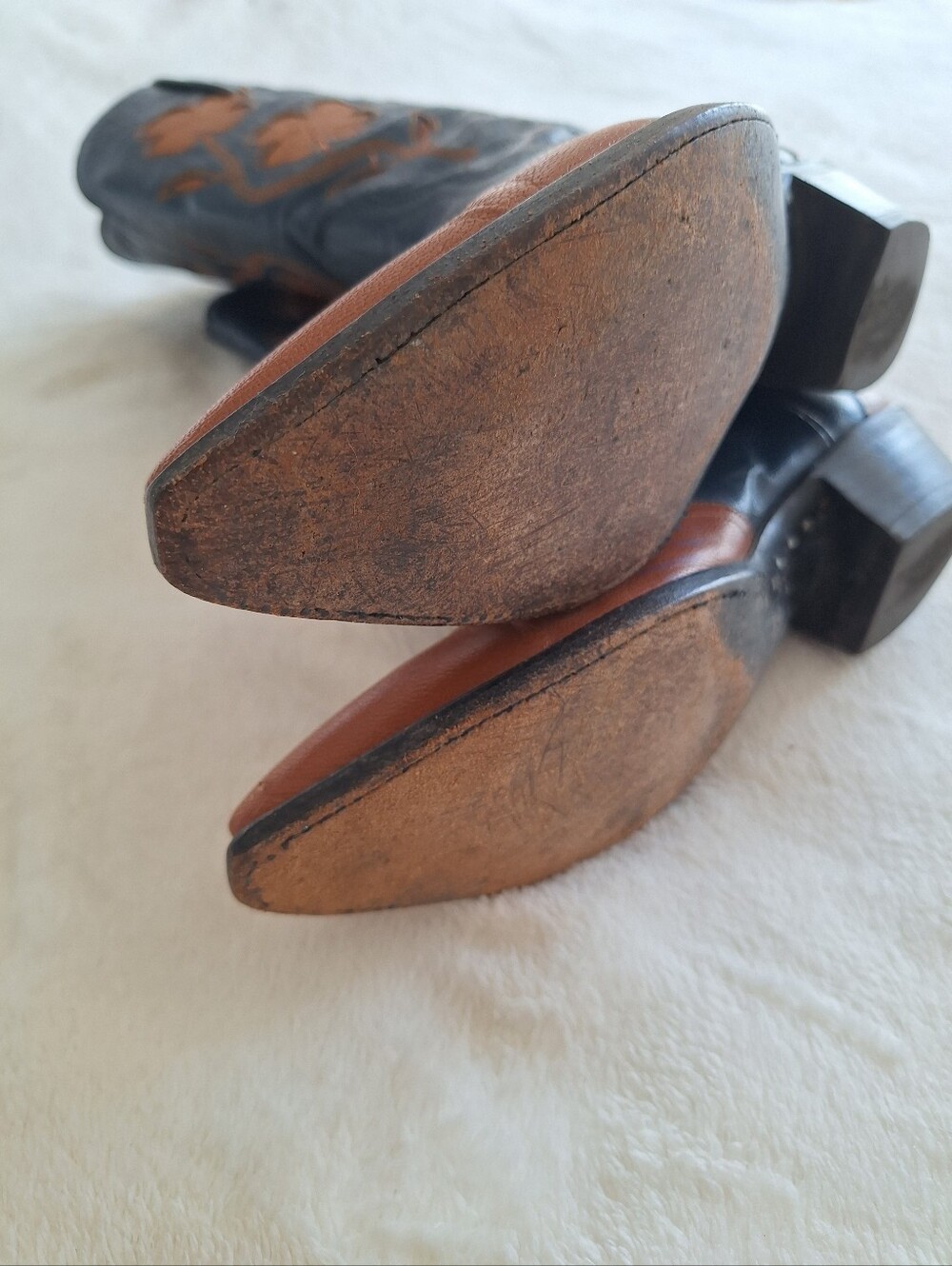 Vintage Larry Mahan Blue Leather Cowboy Boots Orange Floral Clover Inlay US 7B - Picture 8 of 12